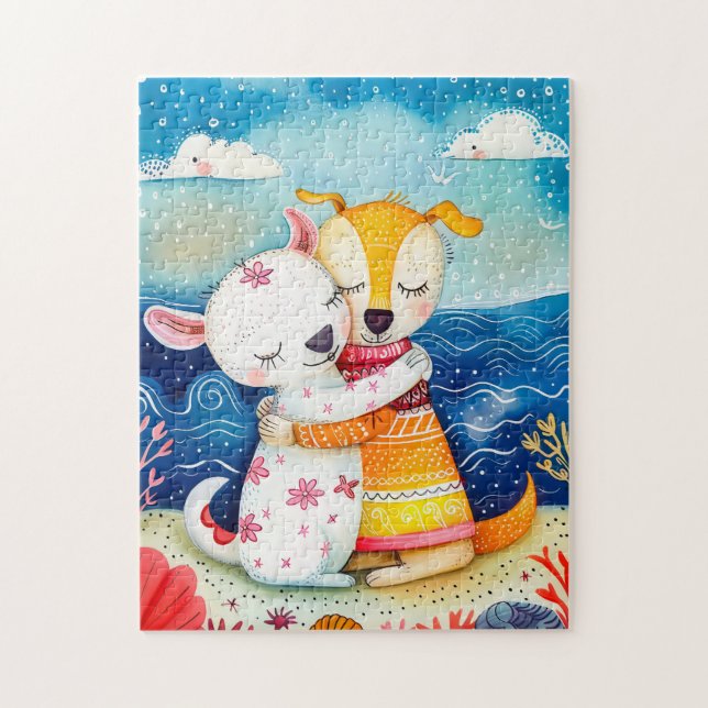 Puzzle Illustration of two dogs playing at the beach (Vertical)