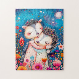 Puzzle Illustration of two Hugging Hedgehogs in night at