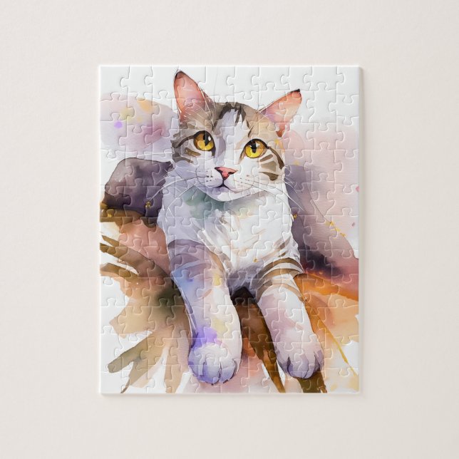 Puzzle Ilustracion acuarela de gato blanco dulce (Vertical)