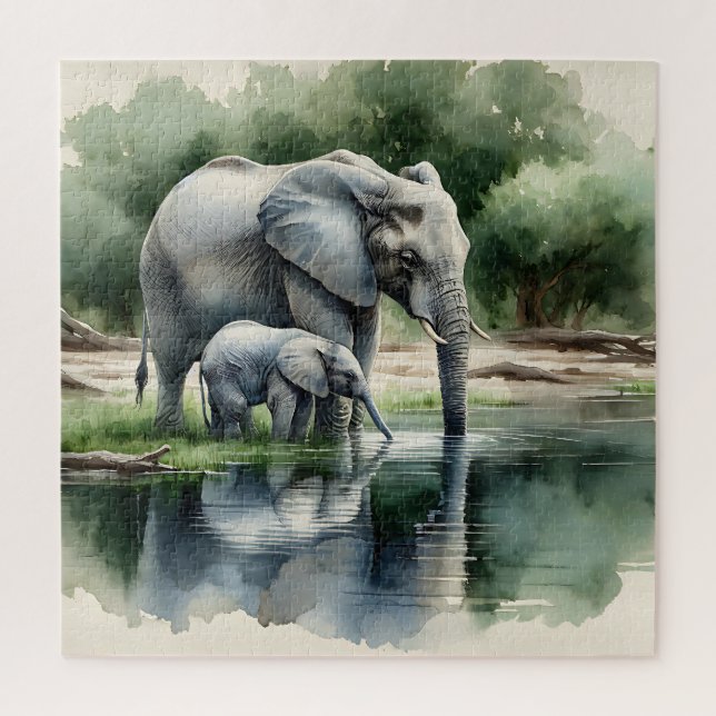 Puzzle Ilustracion acuático de mamá y bebé elefante (Vertical)