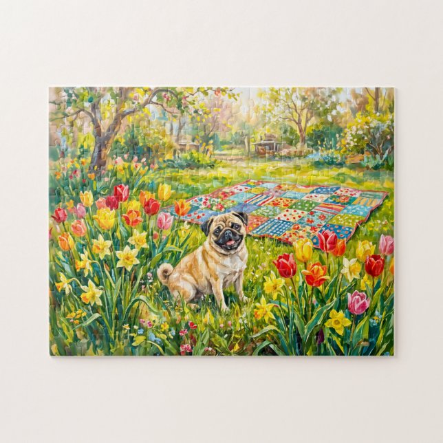 Puzzle Ilustración caprichosa de perro Mops de jardín de  (Horizontal)
