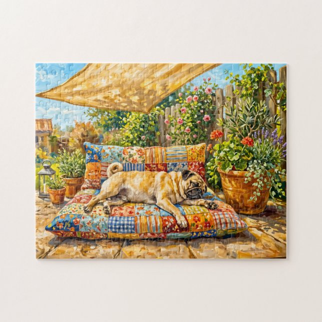 Puzzle Ilustración caprichosa de perro Mops en terraza de (Horizontal)