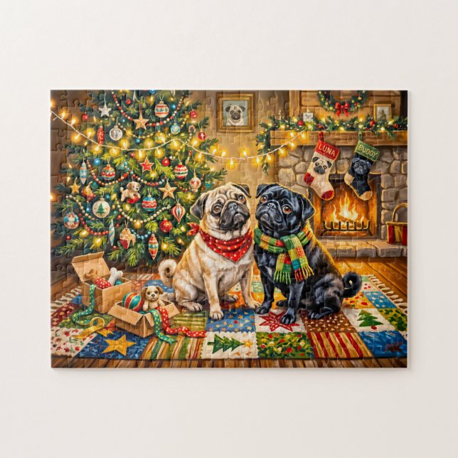 Puzzle Ilustración caprichosa de perros Mops en una cabañ (Horizontal)