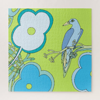 Puzzle Ilustración colorida de flores de pájaro y árbol