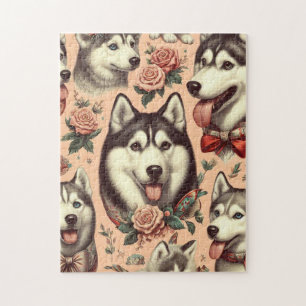Puzzle Ilustracion Cute Vintage Siberian Husky