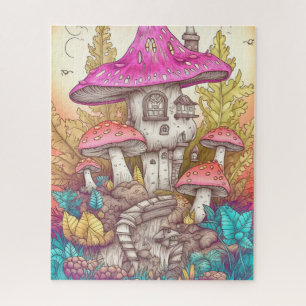 Puzzle Ilustración de Arte de Pueblo de Hongos Retro