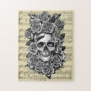 Puzzle Ilustración de arte de rosas de cráneo humano góti