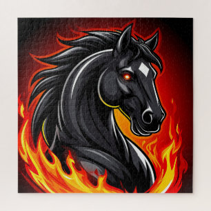 Puzzle Ilustración de caballo negro ardiente con ojos bri