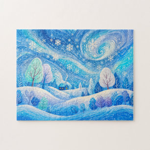 Puzzle Ilustración de casa de invierno en nevada arremoli