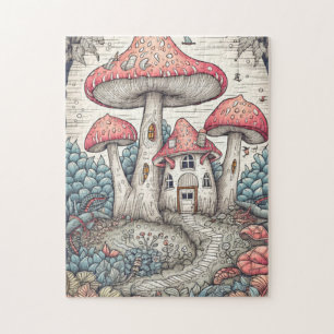 Puzzle Ilustración de casa psicodélica vintage con hongos
