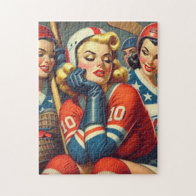 Puzzle Ilustracion de Chicas de hockey de época (Vertical)