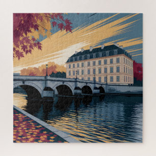 Puzzle Ilustración de ciudad europea ribereña de otoño