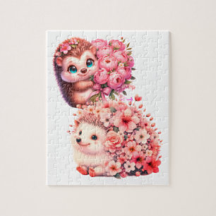 Puzzle Ilustración de dúo de erizos florales románticos l