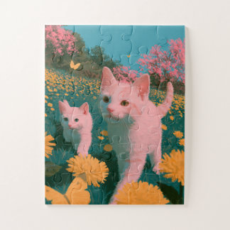 Puzzle Ilustración de gatitos de primavera en prado de fl