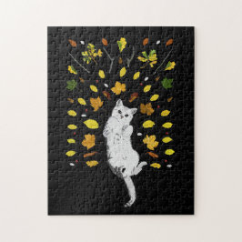 Puzzle Ilustracion de gato blanco con hojas caídas