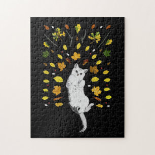 Puzzle Ilustracion de gato blanco con hojas caídas