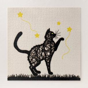 Puzzle Ilustración de Gato Negro con Estrellas Juguetonas