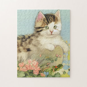 Puzzle Ilustracion de gato vintage con flores rosas