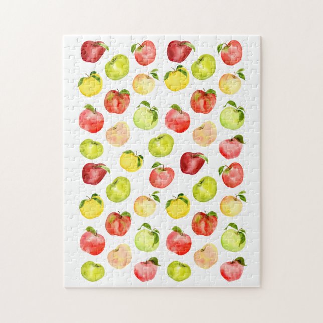 Puzzle Ilustracion de manzana verde rojo acuarela otoño (Vertical)