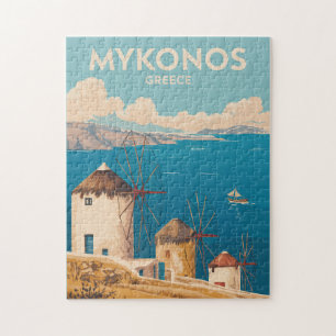 Puzzle Ilustración de Mykonos Grecia Arte de viaje vintag