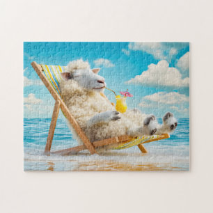 Puzzle Ilustración de oveja en silla de cubierta con cóct