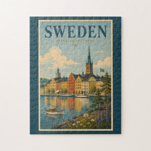 Puzzle Ilustración de paisaje de Suecia Arte de viaje vin