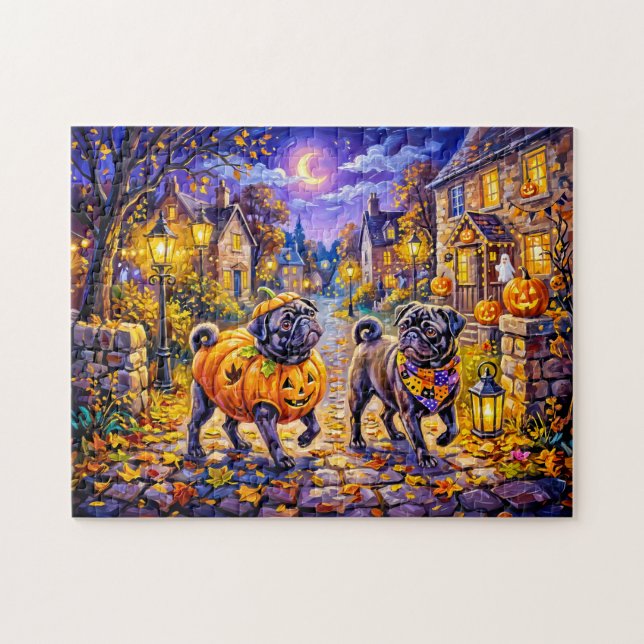 Puzzle Ilustración de perro Mops de disfraz de Halloween  (Horizontal)