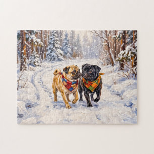 Puzzle Ilustración de perros Mops en un bosque invernal c