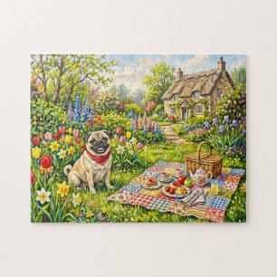 Puzzle Ilustración de Pug de picnic en jardín de cottage 
