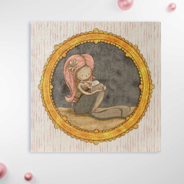 Puzzle Ilustracion de retrato infantil y madre de sirena (Cute new mother mermaid with baby jigsaw puzzle)