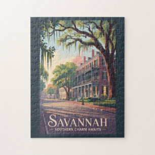 Puzzle Ilustración de Savannah Georgia Arte de Viaje Vint