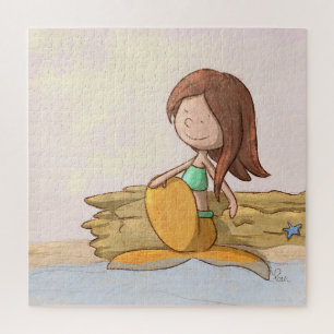 Puzzle Ilustración de sirena soñando en la puesta de sol 