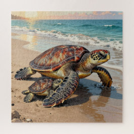 Puzzle Ilustración de tortuga marina y bebé en la playa