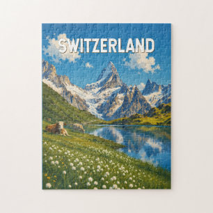 Puzzle Ilustración de vaca de Suiza Arte de viaje retro