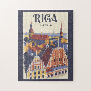 Puzzle Ilustración de viaje de Riga Letonia Vintage
