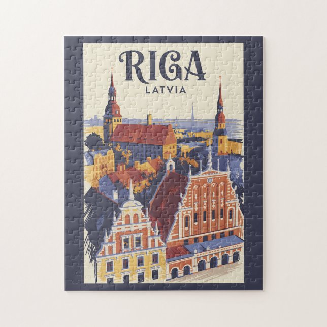 Puzzle Ilustración de viaje de Riga Letonia Vintage (Vertical)