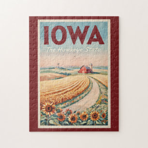 Puzzle Ilustración de viaje del campo de Iowa Arte Vintag
