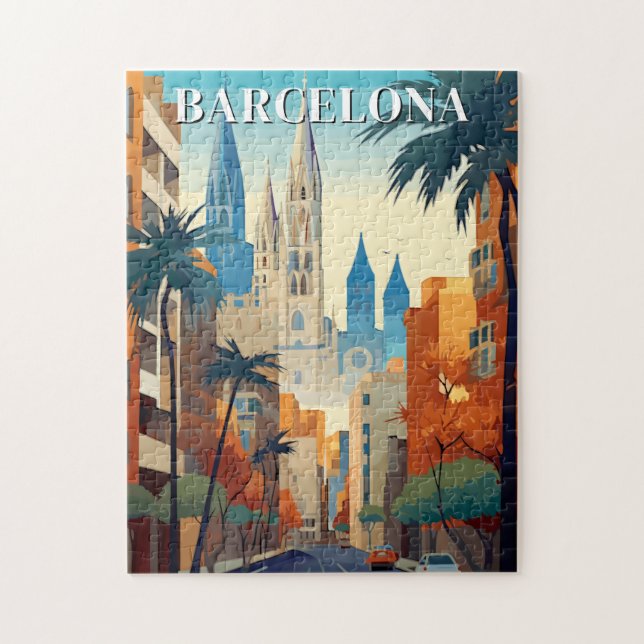 Puzzle Ilustración de viaje retro de Barcelona (Vertical)