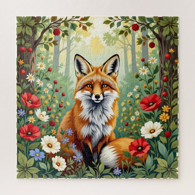 Puzzle Ilustración de zorro en bosque de flores silvestre (Vertical)