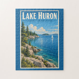 Puzzle Ilustración del lago Huron Arte de viaje vintage