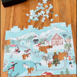 Puzzle Ilustracion del pueblo de Navidades de invierno<br><div class="desc">Navidades del paisaje invernal ilustracion de pueblo con bonitos ilustraciones de invierno con muñecos de nieve, casa de jengibre, zorro, conejo, otros animales y patinaje sobre hielo de la gente, cerca de una chimenea, divertiéndose con el árbol de Navidad, los regalos y el bosque, con tonos azules pastel de invierno...</div>