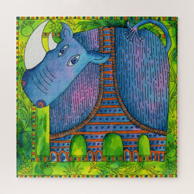 Puzzle Ilustración en acuarela de rinoceronte con patrone (Horizontal)