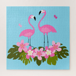 Puzzle Ilustración floral tropical de flamencos rosados