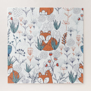 Puzzle Ilustracion forestal infantil, zorros y flores.