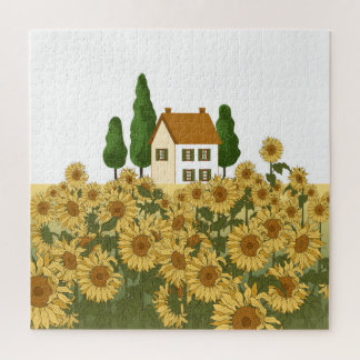 Puzzle Ilustracion House Sunflowers Field Vintage