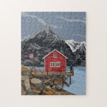 Ilustracion paisajístico Rorbu Lofoten Bergen