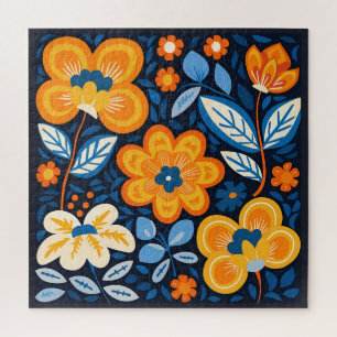 Puzzle Ilustracion retro floral negrita en Naranja y azul