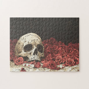 Puzzle Ilustracion Skull and Red Roses