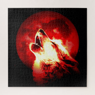 Puzzle Ilustracion Wolf, Moon & Red Sky