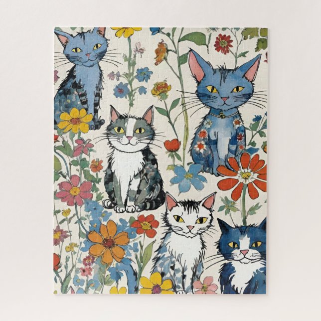Puzzle Ilustraciones de gato lindo con flores silvestres (Vertical)